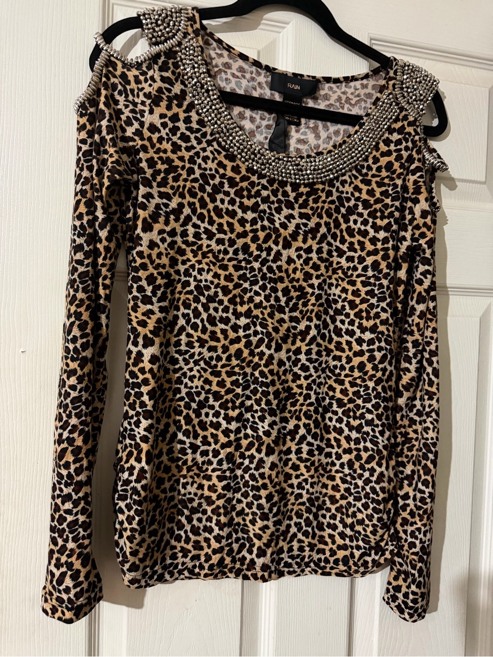 ROAM Leopard Cold-Shoulder Long Sleeve Top with Beaded Neckline - Tan/Black